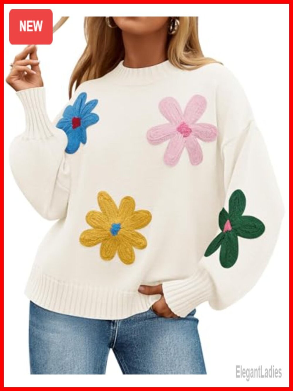 ZESICA Floral Knit Pullover Sweater Long Lantern Sleeve Crew Neck